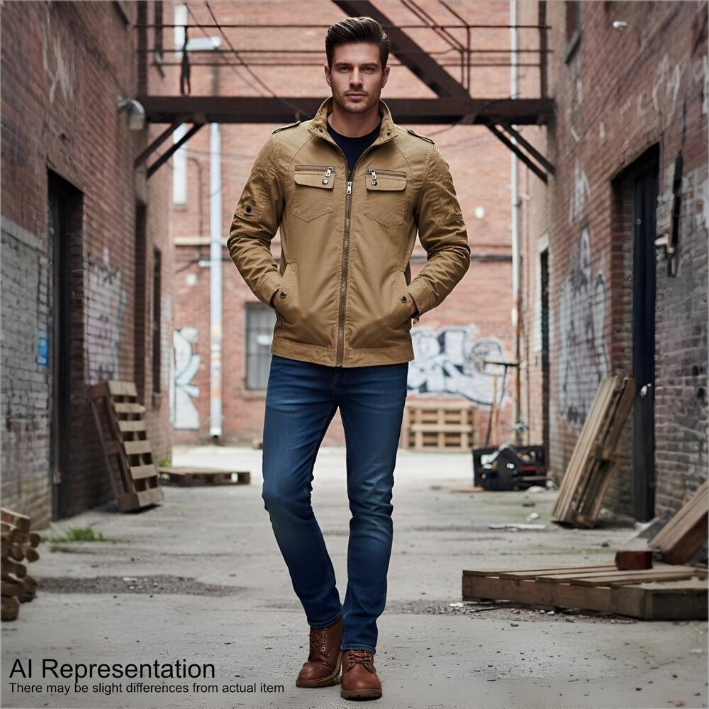 Military Style Ulility Jacket Men 2XL Brown Zip/Snap Pockets Boho Pilot Moto